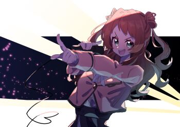 Rule 34 | 1girl, absurdres, akan mori, eyelashes, female focus, gakuen idolmaster, green eyes, hanami saki, highres, idolmaster, looking at viewer, open mouth, orange hair, pointing, smile, solo, upper body