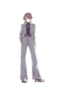 1girl black_shoes black_sweater brown_hair fujishima_megumi fujishima_megumi_(post-graduation) full_body grey_jacket grey_pants high_heels highres jacket l9525 link!_like!_love_live! long_hair long_legs looking_at_viewer love_live! open_clothes open_jacket pants ponytail purple_eyes shoes sidelocks simple_background solo standing suit_jacket sweater turtleneck turtleneck_sweater virtual_youtuber white_background