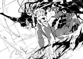 1boy armor barcode cable covered_eyes cu_chulainn_(fate) cu_chulainn_alter_(curruid_coinchenn)_(fate) cu_chulainn_alter_(fate) cu_chulainn_alter_(fate/grand_order) eva_01 facial_mark fangs fate/grand_order fate_(series) greyscale guttia helmet horns kneeling long_hair look-alike male_focus monochrome neon_genesis_evangelion parody plug single_horn solo tube visor