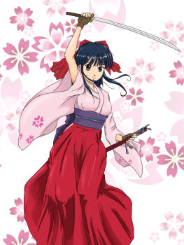 1girl arm_up artist_request blue_hair bow breasts brown_eyes cherry_blossoms fingerless_gloves gloves hair_ribbon highres japanese_clothes legs long_hair long_skirt medium_breasts red_bow ribbon sakura_taisen sega serious shinguuji_sakura skirt solo source_request sword thighs weapon