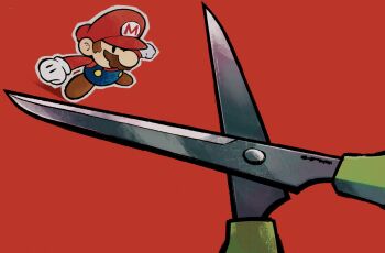 1boy big_nose black_eyes blue_overalls brown_hair brown_shoes buttons newsboy_cap clenched_hands dama8457 determined facial_hair gloves hat long_sleeves mario mario_(series) mustache nintendo one_eye_covered overalls oversized_object paper paper_mario paper_mario:_the_origami_king red_background red_hat red_shirt scissors scissors_(paper_mario) shadow shirt shoes short_hair simple_background solid_oval_eyes standing white_gloves