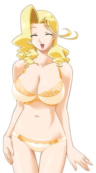 1girl ^_^ blonde_hair bra breasts cleavage closed_eyes cowboy_shot curly_hair game_cg gan-chan_(artist) hitozuma_sentai_aisaiger jewelry large_breasts large_variant_set lingerie long_hair navel non-web_source official_art open_mouth panties ring smile solo sophie_andrea_yukitou standing thigh_gap transparent_background underwear underwear_only variant_set wedding_ring yellow_bra yellow_panties