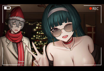 1boy 1girl astra_yao blunt_bangs breasts christmas cleavage glasses green_hair hat highres indoors long_hair looking_at_viewer one_eye_closed open_mouth red_eyes santa_hat selcky smile v wise_(zenless_zone_zero) zenless_zone_zero