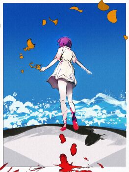 Rule 34 | 1girl, axelstool, barefoot, beach, blood, blood on feet, border, chainsaw man, dress, falling petals, footprints, from behind, highres, ocean, outdoors, outside border, petals, purple hair, reze (chainsaw man), sand, short hair, sky, solo, waves, white border, white dress