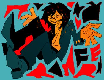Rule 34 | 1boy, black hair, black jacket, blue background, commentary request, fuji den fujiko, glasses, gloves, grin, jacket, jaggy lines, looking at viewer, lowres, male focus, randal's friends, randal ivory, short hair, smile, solo, sweat