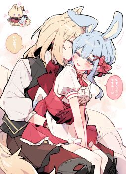2girls animal_ears aver_(yumenokessho) bang_dream! bang_dream!_it&#039;s_mygo!!!!! blue_hair blush bow commentary_request dog_ears dog_girl dog_tail doloris_(bang_dream!) earrings gloves hair_bow hair_ornament hairclip highres jewelry kemonomimi_mode kyou_039 long_hair long_sleeves medium_hair misumi_uika multiple_girls one_eye_closed rabbit_ears rabbit_girl red_bow red_gloves short_sleeves sidelocks sweets_paradise tail thighhighs togawa_sakiko translation_request white_thighhighs yellow_eyes yumenokessho yuri