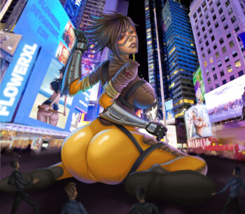 1girl 3girls ass batman_(series) blizzard_(company) breasts brown_hair city city d.va_(overwatch) dc_comics deviantart deviantart_username female_focus flowerxl gloves harley_quinn highres huge_ass large_breasts looking_at_viewer multiple_girls night overwatch shoes short_hair sitting suicide_squad taller_female thick_thighs thighs tracer_(overwatch) union_jack wariza