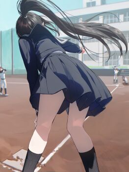 1girl baseball black_hair black_sailor_collar black_serafuku black_shirt black_skirt black_socks commentary_request from_behind highres kneepits long_hair long_sleeves miniskirt original outdoors pentagon_(railgun_ky1206) pleated_skirt ponytail sailor_collar sailor_shirt school_uniform serafuku shirt skirt socks solo_focus tsurugi_saya