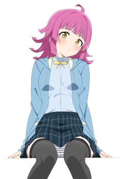 1girl absurdres ahoge black_thighhighs blue_jacket blunt_bangs blunt_ends blush collared_shirt goa1126 head_tilt highres jacket looking_at_viewer love_live! love_live!_nijigasaki_high_school_idol_club nijigasaki_school_uniform open_clothes open_jacket panties pantyshot pink_hair plaid_clothes plaid_skirt ribbon school_uniform shirt sitting skirt solo striped_clothes striped_panties tennoji_rina thighhighs underwear yellow_eyes yellow_ribbon