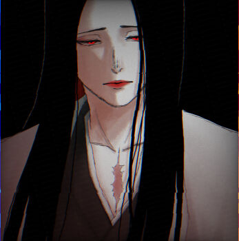 1girl androgynous artist_name black_background black_hair black_kimono bleach bleach:_sennen_kessen-hen chromatic_aberration closed_mouth collarbone dark distortion expressionless glowing glowing_eyes hair_down half-closed_eyes haori highres japanese_clothes kimono long_hair looking_at_viewer mature_female minazuki_(bankai) narrowed_eyes red_eyes red_lips scar scar_on_sternum solo syuuuuuu too_many_watermarks unohana_retsu watermark white_haori