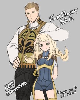 1boy 1girl armor balflear black_pants blonde_hair blue_bodysuit bodysuit braid breasts brown_hair collared_shirt cowboy_shot earrings english_text final_fantasy final_fantasy_xii gold_trim grey_background grey_eyes hair_slicked_back hand_on_another&#039;s_head highres hug jewelry kyou_(iuciferic) leather_armor long_sleeves looking_at_viewer medium_breasts pants penelo shirt short_hair short_sleeves shoulder_armor sidelocks smile thighhighs twin_braids vest white_shirt yellow_thighhighs