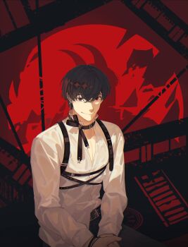 1boy absurdres belt black_eyes black_hair chest_belt collared_shirt commentary_request cowboy_shot demon_horns different_shadow drop_shadow heterochromia highres horns kim_dokja looking_at_viewer male_focus neck_ribbon omniscient_reader&#039;s_viewpoint pectoral_cleavage pectorals red_eyes ribbon sanjinmogufufu shirt short_hair sitting smile solo train white_shirt