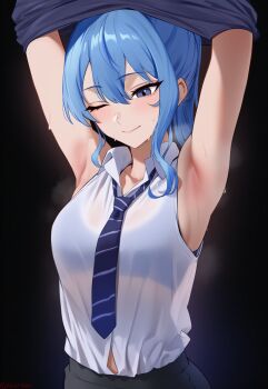 ;) ai-generated armpit_crease armpits arms_up blue_bra blue_eyes blue_hair bra bra_visible_through_clothes breasts dress_pants highres hololive hoshimachi_suisei kguy1920 medium_breasts midriff_peek one_eye_closed see-through_clothes see-through_shirt shirt sleeveless sleeveless_shirt smile sports_bra star-shaped_pupils star_(symbol) steam sweatdrop sweaty_clothes symbol-shaped_pupils taking_off_clothes tomboy underwear virtual_youtuber