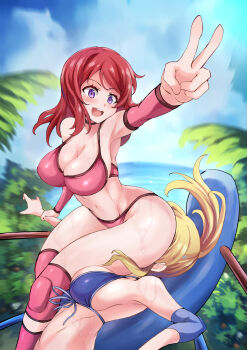 Rule 34 | 2girls, :o, arched back, armpits, ass, ayase eli, bare arms, bikini, blonde hair, blue bikini, blush, breasts, butt bump, face in ass, female focus, highres, hip attack, jungle, kineluchs, large breasts, love live!, love live! school idol project, medium breasts, medium hair, multiple girls, nature, navel, nishikino maki, open mouth, outstretched arms, pink bikini, purple eyes, red hair, rope, sitting, sitting on face, sitting on person, swimsuit, teeth, upper teeth only, wrestling, wrestling ring