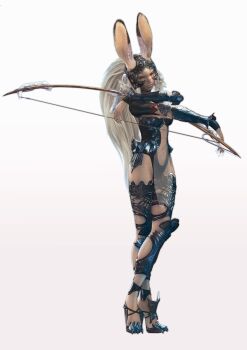 1girl 3d absurdres animal_ears armor bow_(weapon) center_opening claws crossed_arms crossed_legs dark_skin detached_sleeves female_focus final_fantasy final_fantasy_xii fingernails fran helmet high_heels highres leotard loincloth long_fingernails long_hair long_legs looking_at_viewer midriff navel official_art ponytail rabbit_ears red_eyes see-through_clothes shoes simple_background solo standing thighhighs viera weapon white_hair