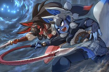 2girls animal_ears black_hair blue_skin breasts cleavage cloud cloudy_sky colored_skin extra_ears fingerless_gloves fox_ears fox_girl fox_tail ginkaku_(kemono_friends) gloves grey_hair highres horns kemono_friends kinkaku_(kemono_friends) large_breasts long_hair mcgunngu multiple_girls necktie night night_sky outdoors red_skin ribbon shirt skirt sky star_(sky) sword tail thighhighs weapon whip yellow_eyes