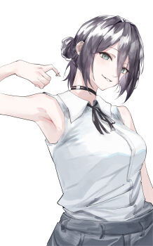 1girl absurdres armpits black_choker black_hair black_ribbon breasts chainsaw_man choker green_eyes grenade_pin hair_between_eyes hair_bun highres large_breasts looking_at_viewer neck_ribbon oyanemi reze_(chainsaw_man) ribbon shirt shirt_tucked_in simple_background sleeveless sleeveless_shirt solo white_background white_shirt