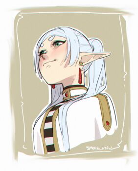 1girl capelet closed_mouth commentary earrings elf english_commentary frieren green_eyes grey_hair hair_over_shoulder highres jewelry long_hair long_pointy_ears long_sleeves looking_up meme parted_bangs pointy_ears smollb_nsfw solo sousou_no_frieren striped_clothes teardrop_earrings twintails upper_body upward_angle_frieren_drawing_(meme) white_capelet