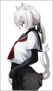 Rule 34 | absurdres, animal ears, black eyes, black nails, black sailor collar, black skirt, black sleeves, cat ears, cat girl, cat tail, closed mouth, commentary request, from side, glasses, highres, kei (soundcross), layered sleeves, long hair, long sleeves, multiple tails, neckerchief, original, pleated skirt, red neckerchief, sailor collar, school uniform, serafuku, short over long sleeves, short sleeves, simple background, skirt, tail, two tails, white background, white hair