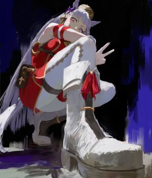 1girl absurdres animal_ears armband bare_shoulders blunt_bangs boots bow brush_stroke daodtt dress drip_(meme) ear_bow ear_covers ear_ribbon footwear_bow foreshortening from_below gold_ship_(red_strife)_(umamusume) gold_ship_(umamusume) highres horse_ears horse_girl meme on_one_knee perspective pillbox_hat pink_eyes red_dress simple_background sleeveless sleeveless_dress smile solo traditional_media umamusume v white_boots white_hair