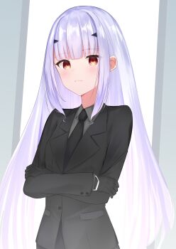 1girl absurdres black_gloves black_jacket black_necktie brown_eyes closed_mouth collared_shirt commentary_request fate/grand_order fate_(series) formal_clothes gloves grey_hair grey_shirt highres jacket long_hair long_sleeves looking_at_viewer melusine_(fate) necktie riya_(01214) shirt solo suit upper_body very_long_hair