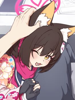 1boy 1girl animal_ear_fluff animal_ears black_gloves black_hair blue_archive blush commentary_request fang feet fox_ears fox_hair_ornament fuhao10708 gloves grabbing_another&#039;s_ear halo hand_on_another&#039;s_ear hand_on_another&#039;s_head headpat highres izuna_(blue_archive) lap_pillow looking_at_viewer one_eye_closed open_mouth partially_fingerless_gloves pink_halo pink_scarf pov pov_hands pov_legs scarf sensei_(blue_archive) skin_fang smile