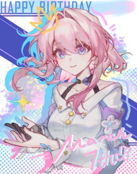 1girl absurdres archery_shooting_glove black_choker black_gloves blue_eyes blue_jacket bra_strap breasts buttons character_name chinese_commentary choker collarbone commentary_request cropped_torso crystal earrings flower_ornament gloves gradient_clothes gradient_jacket hair_intakes happy_birthday highres honkai:_star_rail honkai_(series) jacket jewelry long_sleeves march_7th_(honkai:_star_rail) march_7th_(preservation)_(honkai:_star_rail) material_growth medium_breasts multicolored_eyes off-shoulder_jacket off_shoulder partially_fingerless_gloves pink_eyes pink_hair pink_jacket pink_pupils seawave02974 shirt single_earring single_glove smile solo two-tone_eyes white_shirt