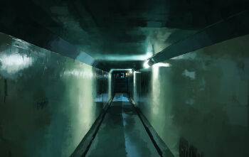 Rule 34 | absurdres, commentary request, graffiti, hallway, highres, indoors, karasu (hageabura-jr), no humans, original, overpass, photorealistic, realistic, scenery, shadow, stairs, tunnel, wall lamp