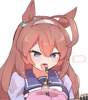 ahoge animal_ears battery battery_indicator blue_eyes blush bow brown_hair commentary_request hairband handkerchief highres holding holding_handkerchief horse_ears horse_girl huge_ahoge mihono_bourbon_(umamusume) object_on_tongue open_mouth purple_serafuku purple_shirt rotasu_(rotasqqfv) saliva school_uniform serafuku shirt simple_background table tongue tongue_out tracen_school_uniform umamusume what white_background white_bow white_hairband