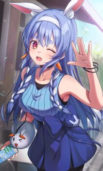 1girl ;d absurdres alternate_costume alternate_hairstyle animal_bag animal_ear_fluff animal_ears armpits bag black_pantyhose black_shirt blue_bow blue_hair blue_shirt blue_skirt blurry blush bokeh bow bracelet braid braided_sidelocks breasts carrot_earrings cellphone chameleon_(chameleon0613) collarbone commentary cowboy_shot day depth_of_field earrings food-themed_earrings food_themed_earrings hair_bobbles hair_ornament hairband handbag highres holding holding_phone hololive jewelry long_hair looking_at_viewer medium_breasts miniskirt multicolored_hair one_eye_closed open_mouth outdoors pantyhose pekomon_(usada_pekora) phone rabbit-shaped_pupils rabbit_ears red_eyes ribbed_shirt shirt shirt_tucked_in short_eyebrows skirt sleeveless sleeveless_shirt smartphone smile solo standing symbol-shaped_pupils thick_eyebrows translated twin_braids two-tone_hair undershirt usada_pekora virtual_youtuber waving white_hair white_hairband