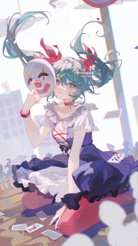 1girl absurdres aqua_eyes aqua_hair blush card choker collarbone commentary crop_top crying crying_with_eyes_open dress hair_between_eyes hair_ornament hatsune_miku hatsune_miku_(regret) highres holding holding_mask karakuri_pierrot_(vocaloid) lixiang_guo_alice long_hair mask pantyhose parted_lips project_diva_(series) red_choker red_pantyhose short_sleeves solo symbol-only_commentary tears twintails very_long_hair vocaloid
