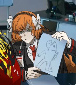 1girl 1other black_coat black_vest bow closed_mouth coat collared_shirt dante_(limbus_company) fire freckles hair_bow holding holding_notebook id_card ishmael_(project_moon) limbus_company long_hair long_sleeves mermaid monster_girl necktie notebook object_head orange_hair photo_background project_moon red_necktie s661479361148 shirt sketch very_long_hair vest white_bow white_shirt you're_doing_it_wrong