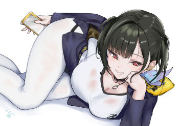 1girl absurdres arm_behind_back artist_name black_choker black_hair black_panties blue_jacket blue_neckerchief blue_skirt blunt_bangs blush breasts cellphone choker cleavage earclip feet_out_of_frame fingernails goddess_of_victory:_nikke grin hand_on_own_cheek hand_on_own_face head_rest heart heart-shaped_pupils highres holding holding_phone jacket jewelry large_breasts looking_at_viewer lying medium_hair miniskirt neckerchief on_side open_clothes open_jacket panties panties_over_pantyhose pantyhose parted_lips pencil_skirt pendant_choker phone ramuneogura red_eyes ring see-through_clothes see-through_shirt shirt side_slit simple_background skirt smartphone smile solo sora_(nikke) symbol-shaped_pupils twintails underwear white_background white_pantyhose white_shirt
