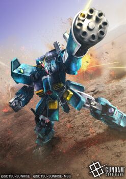 after_war_gundam_x battle commentary_request company_name copyright_logo copyright_name copyright_notice firing gatling_gun gundam gundam_card_game gundam_leopard igaraigara logo mecha mecha_focus mobile_suit no_humans official_art outdoors robot science_fiction solo sparks v-fin yellow_eyes
