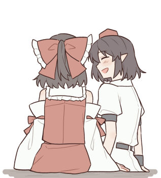 2girls blush bow brown_hair closed_eyes commentary_request detached_sleeves frilled_bow frills hair_bow hakurei_reimu hat highres long_hair multiple_girls open_mouth pointy_ears puffy_short_sleeves puffy_sleeves red_hat red_skirt sakic43899 shameimaru_aya shirt short_sleeves sitting skirt skirt_set smile tokin_hat touhou white_shirt