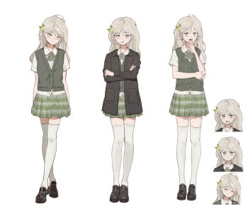 1girl absurdres ahoge blush collared_shirt commentary_request expression_chart flower full_body green_eyes green_skirt green_vest grin hair_flower hair_ornament hairclip hand_on_own_face highres kouroul loafers long_hair looking_at_viewer multiple_views neck_ribbon open_mouth original pale_skin plaid_clothes plaid_skirt pleated_skirt ribbon school_uniform shirt shoes short_sleeves sidelocks simple_background skirt smile standing straight-on surprised sweater_vest thighhighs vest white_background white_shirt white_thighhighs