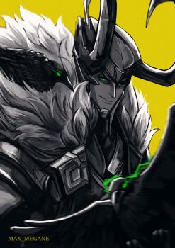1boy absurdres bird blurry cape commentary crow depth_of_field eye_trail fake_horns fur-trimmed_cape fur_trim green_eyes helmet highres horned_helmet horns light_trail loki_(marvel) looking_at_viewer male_focus marvel marvel_rivals megane_(0max_megane0) motion_blur solo spot_color thor_(marvel)_(series) upper_body yellow_background