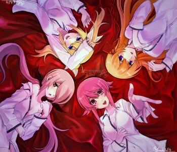 4girls :d :o arimura_hinae blonde_hair blue_eyes blush breasts chaos;child cleavage commentary_request dress_shirt efunohitof4 hair_ornament highres kurusu_nono long_hair long_sleeves looking_at_viewer lying minamisawa_senri multiple_girls naked_shirt on_back on_bed onoe_serika open_mouth orange_hair pink_eyes pink_hair purple_eyes reaching reaching_towards_viewer red_eyes science_adventure shirt short_hair smile twintails very_long_hair