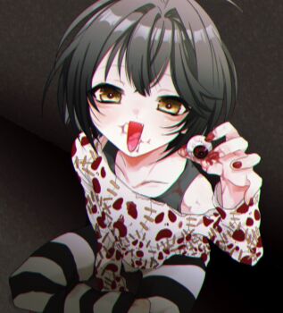 1boy :d androgynous black_hair black_tank_top blood_on_mouth chromatic_aberration collarbone eyeball fang hi_(hi41342085) highres holding_eyeball long_sleeves looking_at_viewer male_focus mashiro_meme mashiro_meme_(2nd_costume) nail_polish nijisanji off-shoulder_shirt off_shoulder official_alternate_costume open_mouth pants print_shirt red_nails shirt short_hair sitting smile solo striped_clothes striped_pants tank_top trap virtual_youtuber yellow_eyes