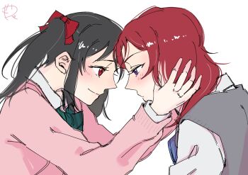 2girls black_hair blue_bow blue_bowtie bow bowtie collared_shirt commentary_request forehead-to-forehead green_bow green_bowtie grey_sweater_vest hair_bow heads_together highres love_live! love_live!_school_idol_project medium_hair multiple_girls nishikino_maki otonokizaka_school_uniform pink_sweater purple_eyes red_bow red_eyes red_hair school_uniform shirt simple_background surfacedxxc sweater sweater_vest twintails white_background white_shirt yazawa_nico yuri