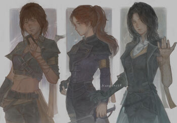 3girls artist_name black_coat black_gloves black_hair black_pants brown_hair card chest_belt clair_obscur:_expedition_33 coat column_lineup cowboy_shot elbow_gloves fingerless_gloves gloves hand_up holding holding_card holding_sword holding_weapon jewelry konburice long_hair looking_at_viewer lune_(clair_obscur:_expedition_33) maelle_(clair_obscur:_expedition_33) medium_hair multiple_girls navel necklace pants ponytail ring scar scar_on_face scar_on_nose scar_on_stomach sciel_(clair_obscur:_expedition_33) single_glove smile standing sword weapon yellow_eyes