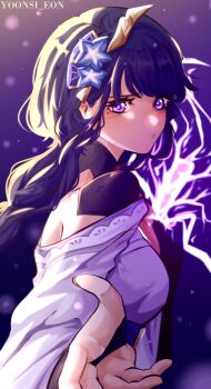 Rule 34 | 1girl, artist name, blunt bangs, blurry, blush, braid, bridal gauntlets, clothing cutout, depth of field, drawing sword, electricity, eonyoonsi, fan hair ornament, genshin impact, glowing, glowing eyes, glowing sword, glowing weapon, hashtag-only commentary, highres, holding, holding sword, holding weapon, human scabbard, japanese clothes, katana, kimono, long braid, looking at viewer, looking to the side, mitsudomoe (shape), mole, mole under eye, musou isshin (genshin impact), off shoulder, powering up, purple background, purple eyes, purple hair, purple kimono, raiden shogun, reaching, reaching towards viewer, sash, shoulder cutout, shy, single braid, solo, standing, sword, sword between breasts, tomoe (symbol), upper body, weapon