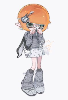 Rule 34 | 1girl, 1n0chi, artist name, black socks, blunt bangs, commentary, covering own mouth, earrings, full body, green eyes, grey jacket, grey leg warmers, grey shoes, highres, hood, hood down, hooded jacket, inkling, inkling girl, inkling player character, instrument hair ornament, jacket, jewelry, kneehighs, leg warmers, long sleeves, looking at viewer, nintendo, orange hair, pleated skirt, pointy ears, polka dot, polka dot skirt, shoes, short hair, skirt, socks, solo, splatoon (series), standing, striped clothes, striped jacket, stud earrings, symbol-only commentary, tentacle hair, white skirt
