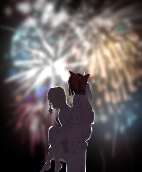 2girls absurdres aerial_fireworks alternate_costume babaiwan_fengchui barefoot blonde_hair blurry bow braid carrying carrying_person chinese_commentary commentary_request depth_of_field fireworks hair_bow hakurei_reimu highres holding holding_sandals japanese_clothes kimono kirisame_marisa long_sleeves multiple_girls no_headwear obi piggyback pink_kimono pink_sash pointing red_bow sandals sash side_braid single_braid touhou