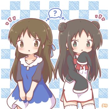 2girls ? black_hair black_jacket blue_dress blush bow brown_eyes brown_hair checkered_background chestnut_mouth chibi china_dress chinese_clothes cleavage_cutout clothing_cutout commentary_request cropped_jacket crossover double_bun dress green_eyes hair_bun hand_up idolmaster idolmaster_cinderella_girls jacket kishuku_gakkou_no_juliet long_hair long_sleeves mitarashi_neko multiple_girls notice_lines parted_lips red_bow ribbon-trimmed_thighhighs ribbon_trim shared_speech_bubble sleeves_past_fingers sleeves_past_wrists speech_bubble spoken_question_mark striped_bow tachibana_arisu thighhighs very_long_hair wang_teria white_dress white_thighhighs