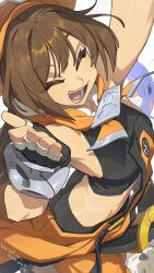 1girl bike_shorts black_gloves brown_hair newsboy_cap dolphin fingerless_gloves gloves guilty_gear guilty_gear_strive hat hat_ornament hata4564 highres long_hair may_(guilty_gear) mr._dolphin_(guilty_gear) open_mouth orange_hat pirate_hat skull_hat_ornament smile