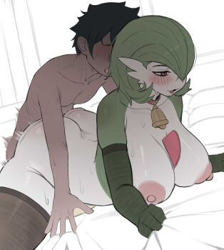 1boy 1girl ass bell blush breasts brown_thighhighs commentary cowbell elbow_gloves english_commentary gardevoir gen_3_pokemon gloves green_gloves green_hair hair_over_one_eye highres interspecies large_breasts lying mature_female neck_bell nintendo nipples nude on_stomach pokemon pokemon_(creature) prone_bone red_eyes sex sex_from_behind short_hair thighhighs zhou135627