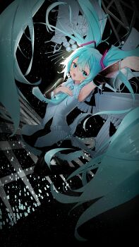 absurdres arm_up armpits blurry bokeh commentary_request dark depth_of_field green_eyes green_hair hand_on_own_chest hatsune_miku highres jumping kumo_no_ito_(jypu4473) looking_at_viewer music necktie singing stage twintails vocaloid