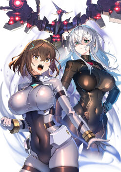 2girls black_bodysuit bodysuit breasts brown_eyes brown_hair character_request closed_mouth commentary_request copyright_request covered_navel crossed_bangs green_eyes grey_bodysuit hair_between_eyes hand_on_own_hip highres long_hair multiple_girls official_art open_mouth short_hair takamine_nadare taut_bodysuit white_hair