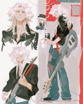 1boy black_hat black_jacket cellphone classicaloid closed_mouth commentary earrings green_eyes guitar hair_between_eyes hat highres holding holding_phone instrument jacket jewelry long_hair long_sleeves ludwig_van_beethoven_(classicaloid) male_focus messy_hair multiple_views octahooves pants patchwork_clothes phone playing_guitar playing_instrument smartphone symbol-only_commentary